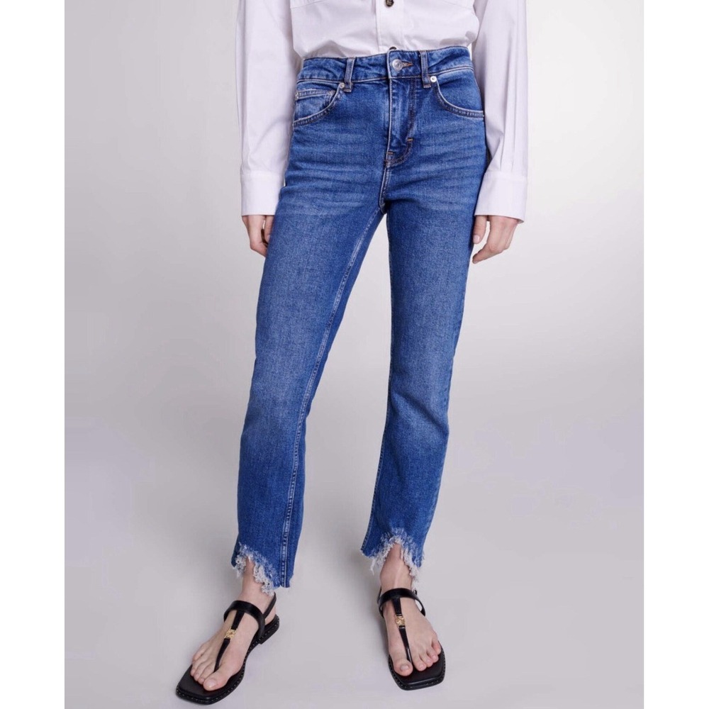 Maje Straight Leg Jeans Womens 38 Blue Distressed Shark Bite Hem MFPJE00269